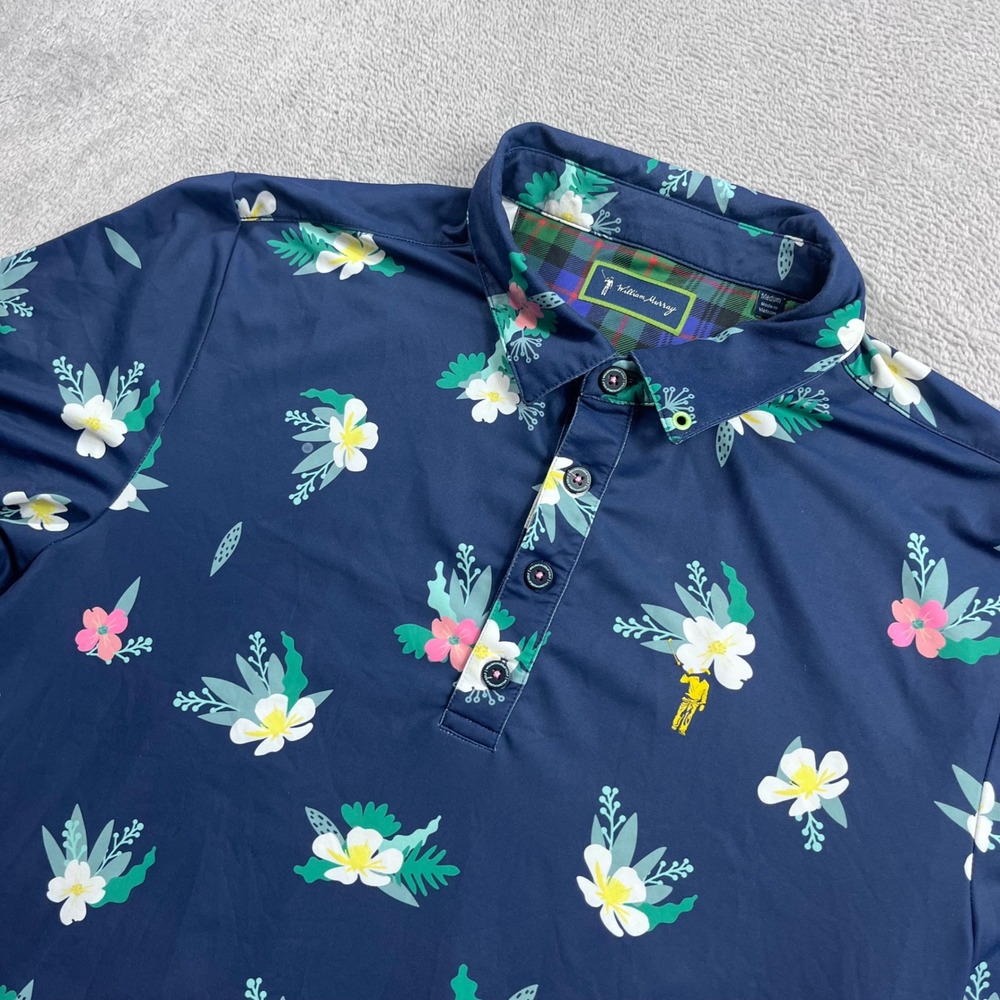 William Murray Mens‎ Navy Blue Floral Golf Polo Shirt Tartan Trim Medium
